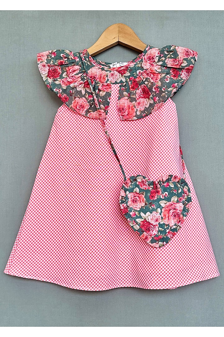 Pink Cotton Floral Gingham Dress For Girls by Label Neeti
