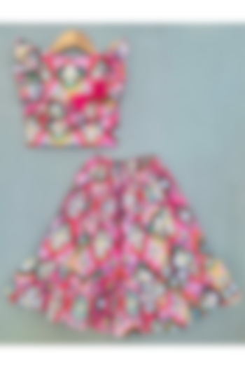 Multi-Colored Muslin Abstract Printed Lehenga Set For Girls by Label Neeti