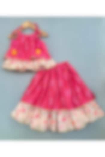 Pink Muslin & Cotton Bandhani Printed Flared Lehenga Set For Girls by Label Neeti