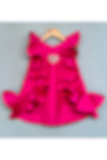 Pink Cotton 3D Ruffle & Bead Hand Embroidered Dress For Girls by Label Neeti