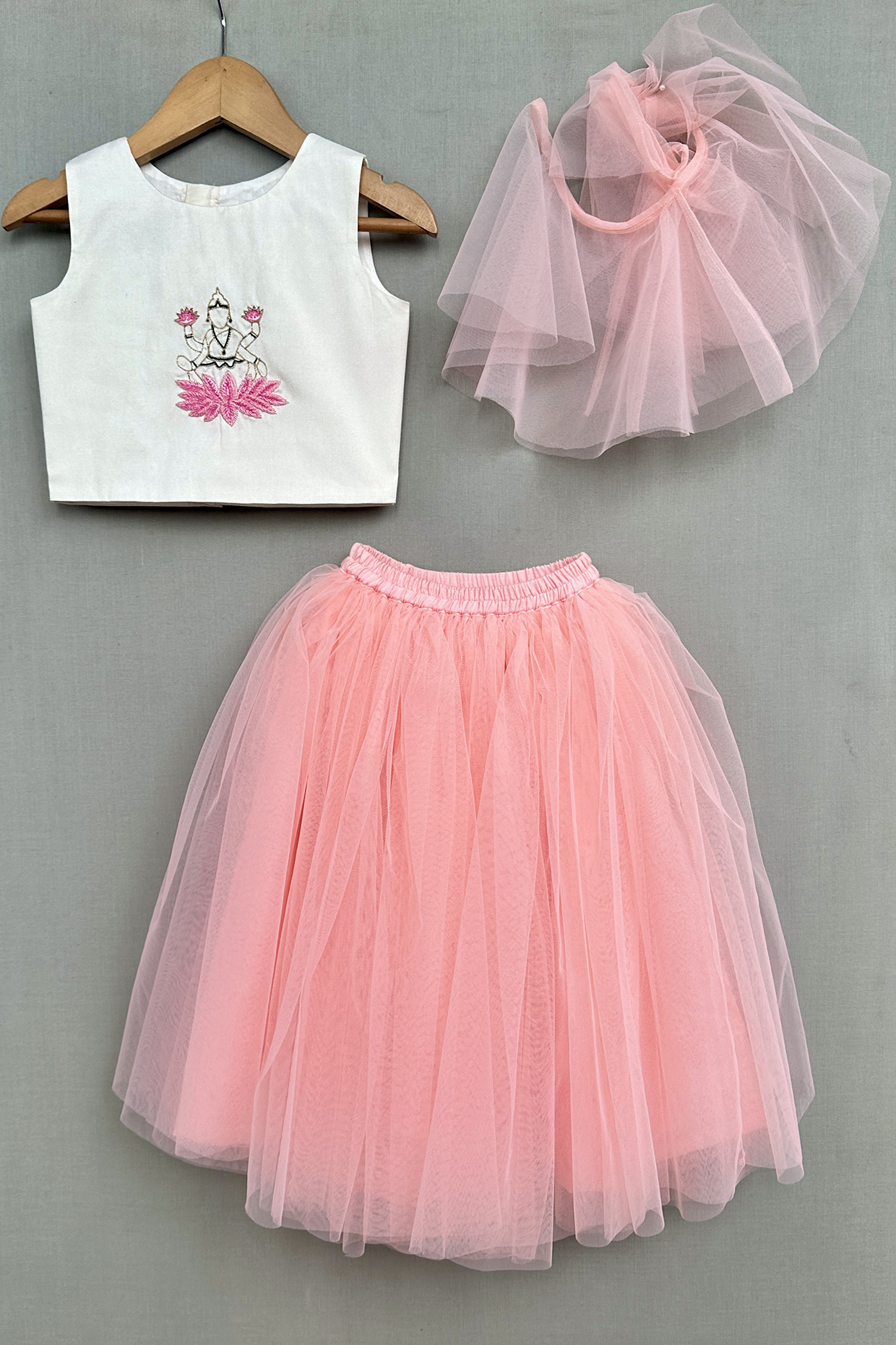 Peach Net Lehenga Set For Girls by Label Neeti at Pernia's Pop Up Shop