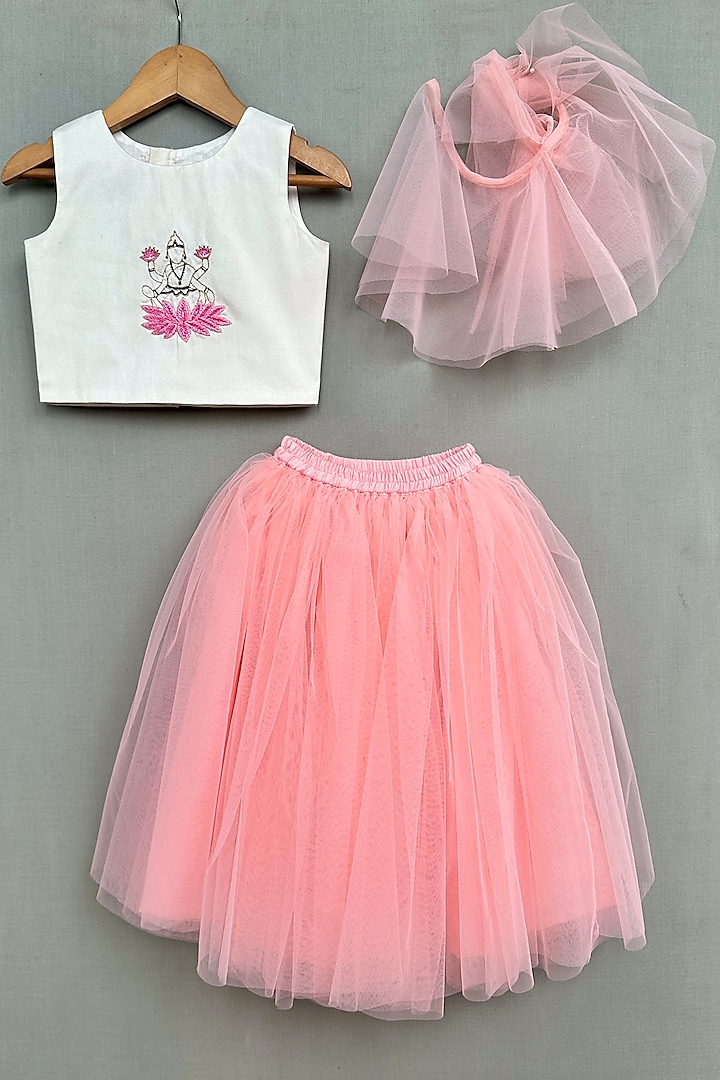 Peach Net Lehenga Set For Girls by Label Neeti at Pernia's Pop Up Shop