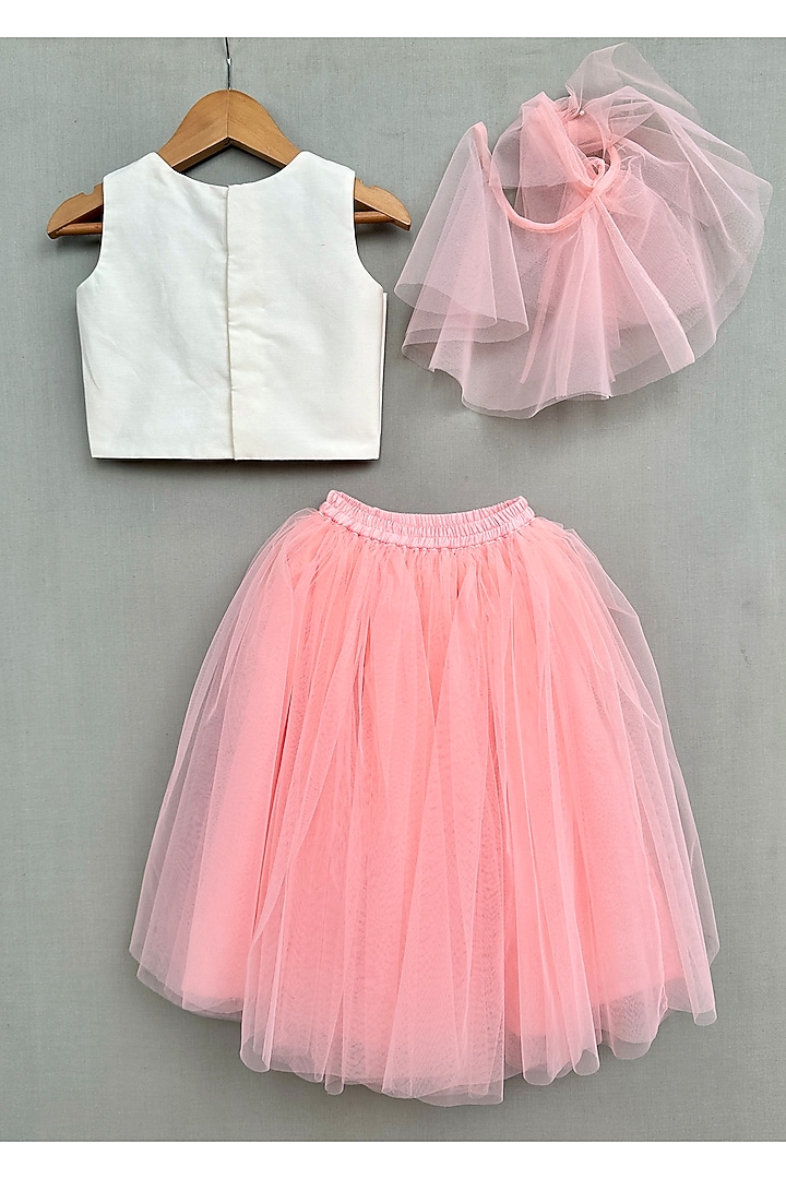 Peach Net Lehenga Set For Girls by Label Neeti at Pernia's Pop Up Shop