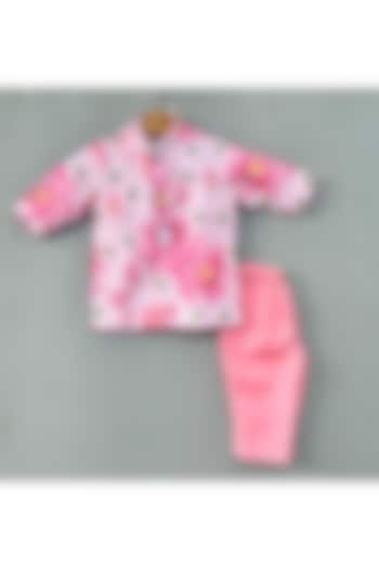 Pink Linen Floral Printed Kurta Set For Boys by Label Neeti