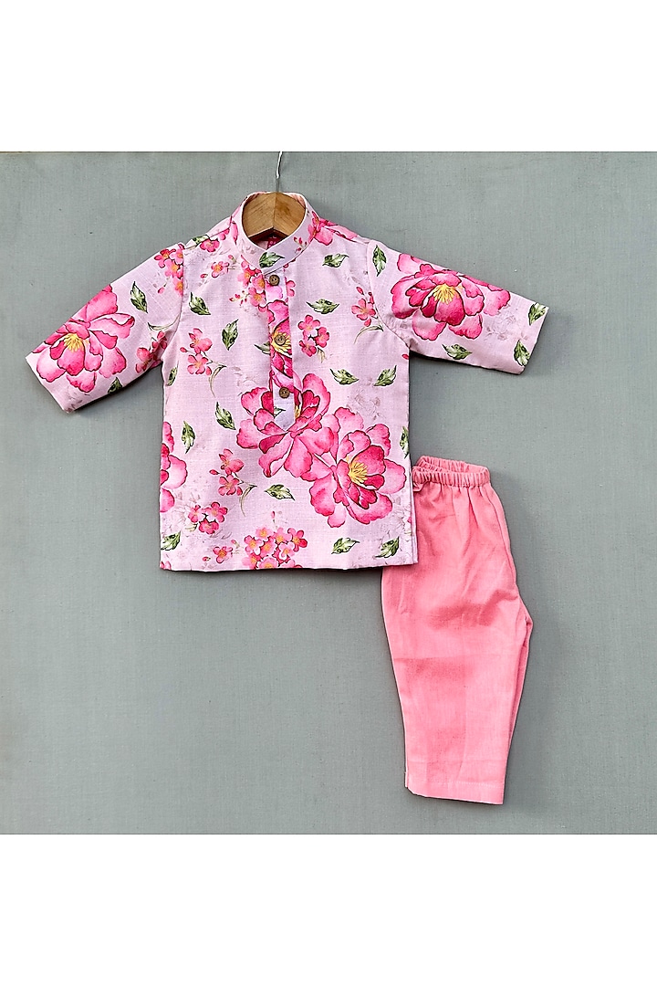 Pink Linen Floral Printed Kurta Set For Boys by Label Neeti