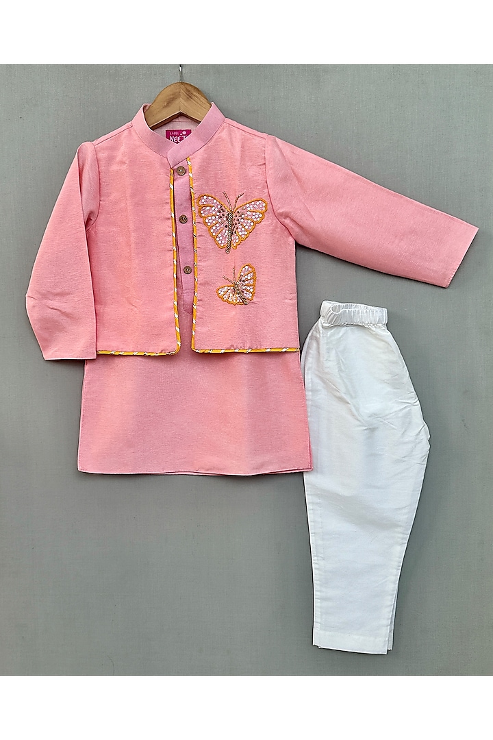 Pink Dola Silk & Cotton Silk Kurta Set For Boys by Label Neeti