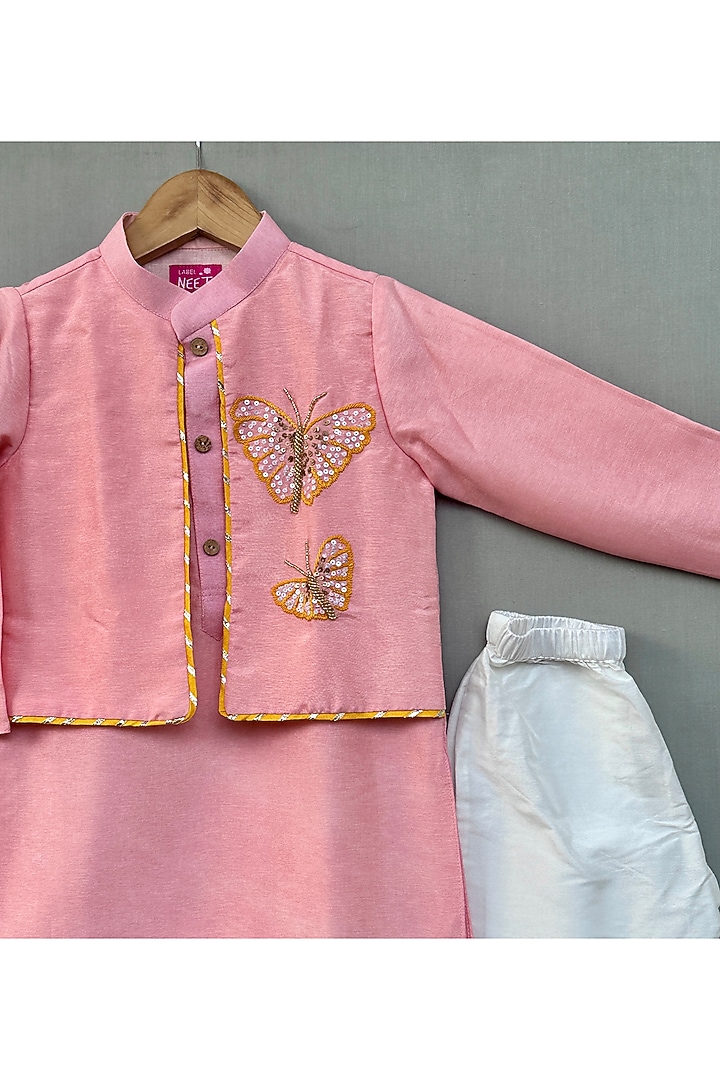 Pink Dola Silk & Cotton Silk Kurta Set For Boys by Label Neeti at Pernia's Pop Up Shop