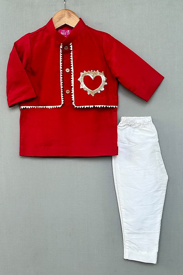 Red Dola Silk & Cotton Silk Kurta Set For Boys by Label Neeti