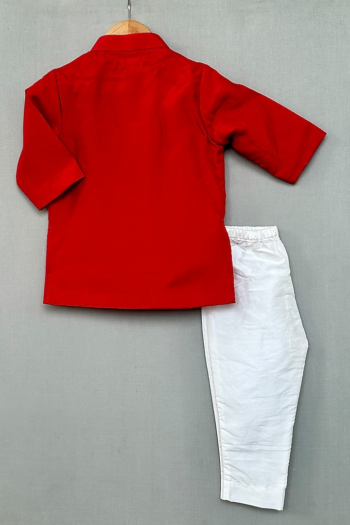 Red Dola Silk & Cotton Silk Kurta Set For Boys by Label Neeti at Pernia's Pop Up Shop