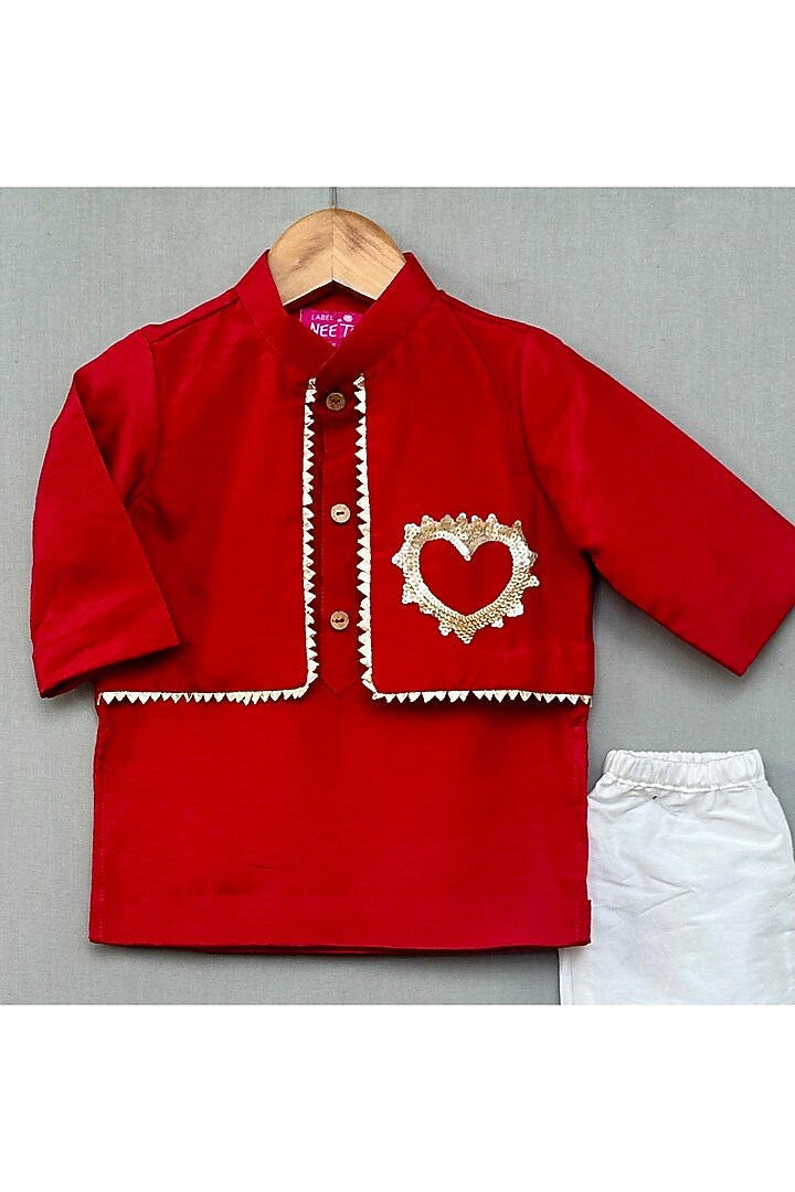 Red Dola Silk & Cotton Silk Kurta Set For Boys by Label Neeti at Pernia's Pop Up Shop