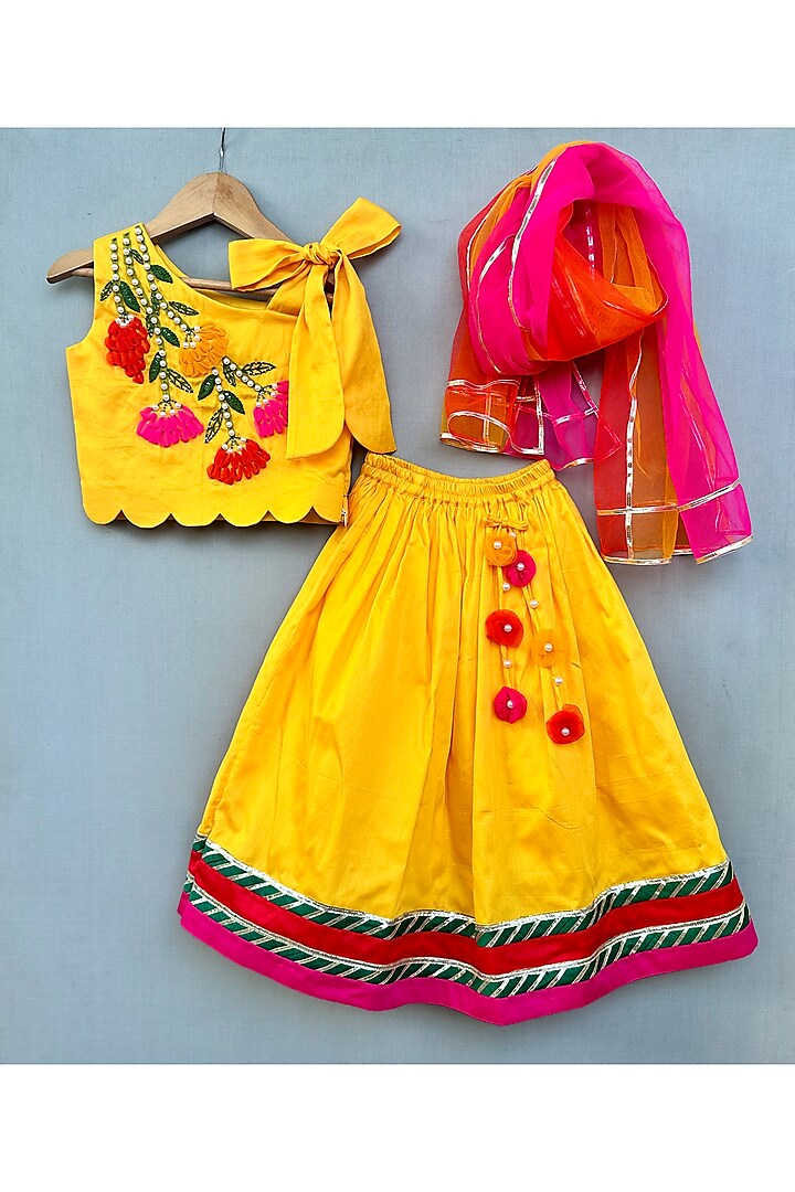 Yellow Cotton Satin Lehenga Set For Girls by Label Neeti at Pernia's Pop Up Shop