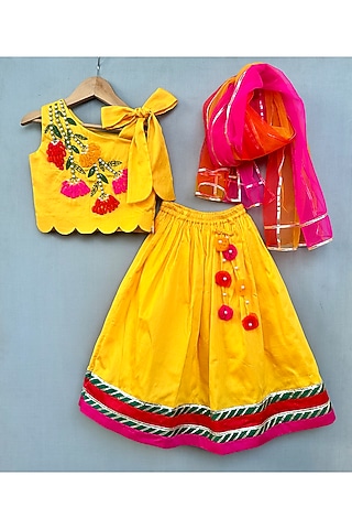 Yellow Cotton Satin Lehenga Set For Girls by Label Neeti