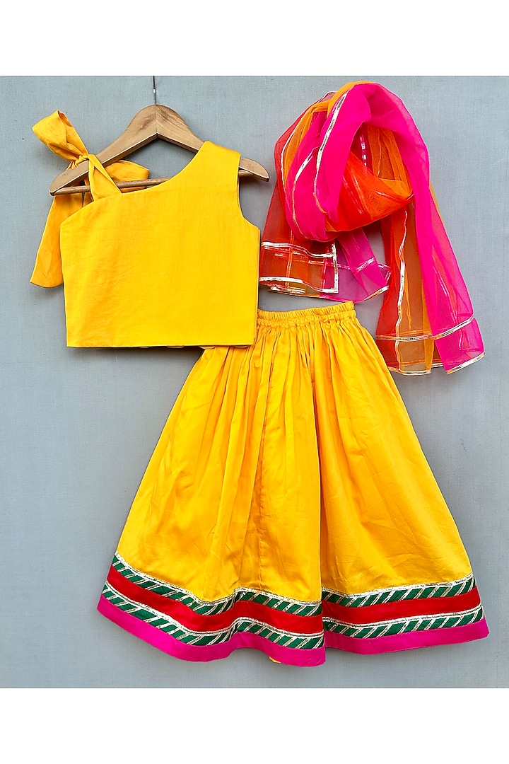 Yellow Cotton Satin Lehenga Set For Girls by Label Neeti at Pernia's Pop Up Shop