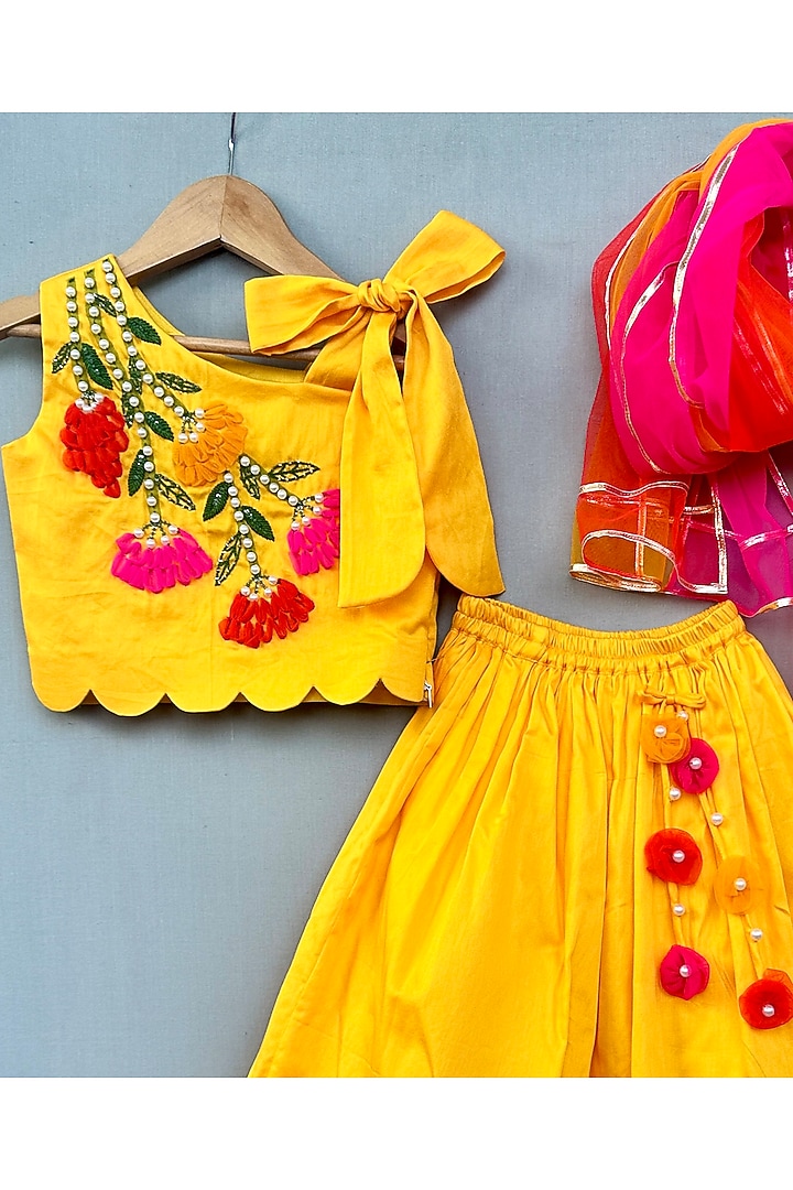 Yellow Cotton Satin Lehenga Set For Girls by Label Neeti at Pernia's Pop Up Shop