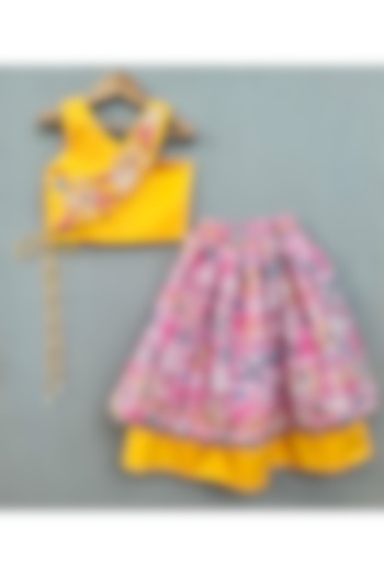 Pink Cotton Satin & Linen Printed Lehenga Set For Girls by Label Neeti at Pernia's Pop Up Shop
