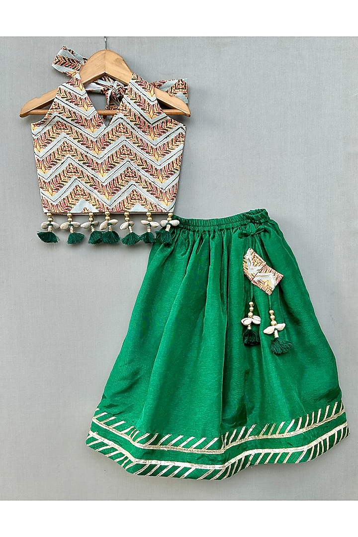 Green Cotton & Dola Silk Lehenga Set For Girls by Label Neeti at Pernia's Pop Up Shop