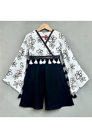 White & Black Cotton Floral Printed Jumpsuit For Girls by Label Neeti