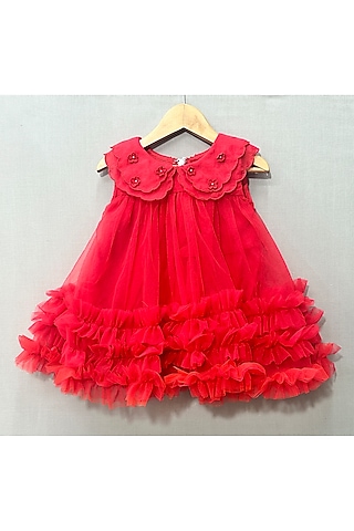 Red Net & Organza Floral Embroidered Dress For Girls by Label Neeti