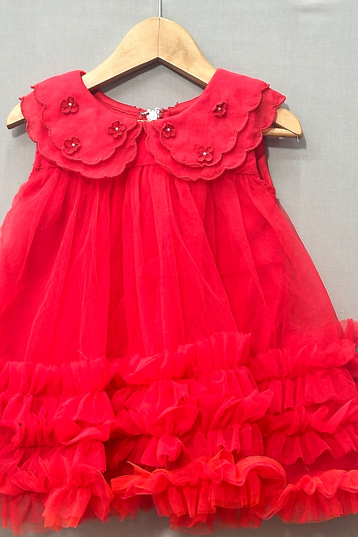 Red Net & Organza Floral Embroidered Dress For Girls by Label Neeti at Pernia's Pop Up Shop