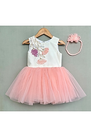 Peach & White Net Floral Embroidered Dress For Girls by Label Neeti