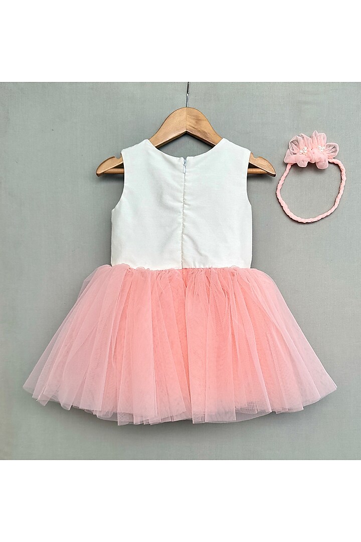 Peach & White Net Floral Embroidered Dress For Girls by Label Neeti at Pernia's Pop Up Shop