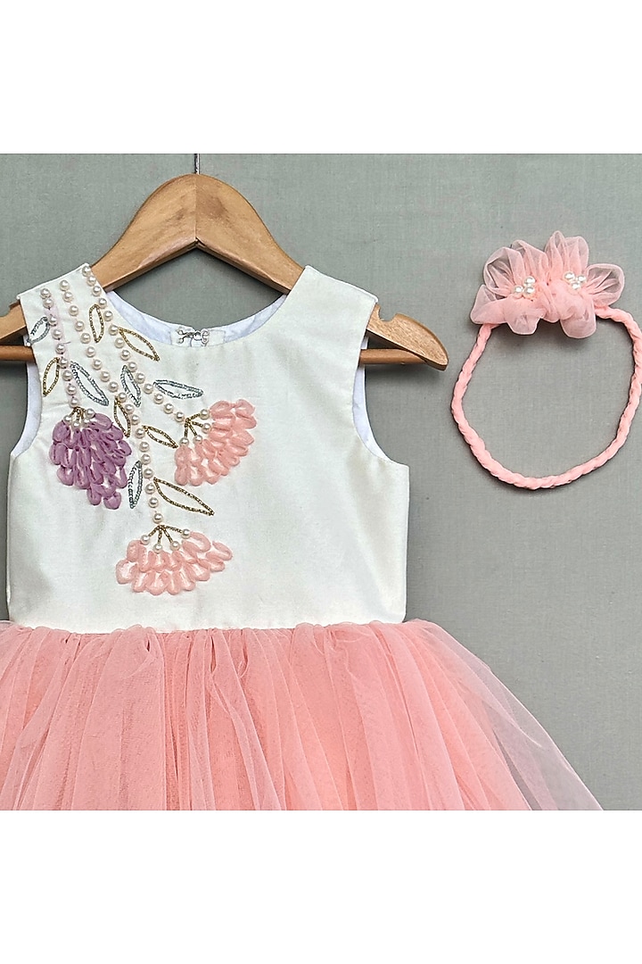 Peach & White Net Floral Embroidered Dress For Girls by Label Neeti at Pernia's Pop Up Shop