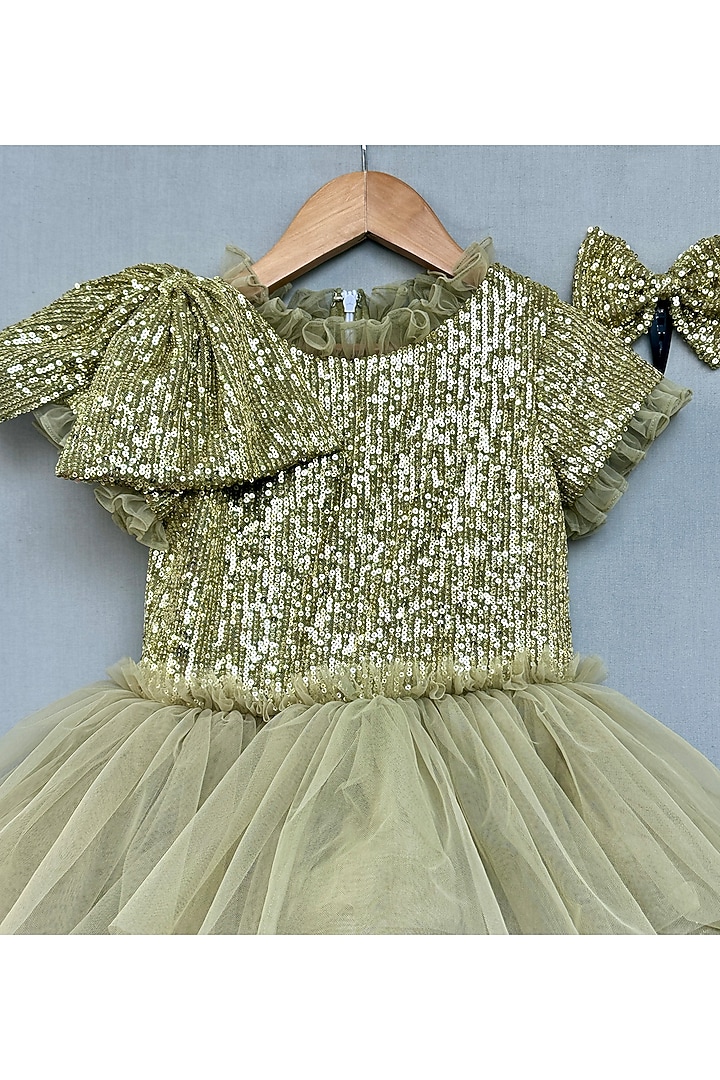 Greenish Gold Tulle & Sequins Layered Dress For Girls by Label Neeti at Pernia's Pop Up Shop