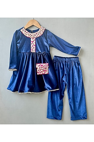 Navy Blue Velvet Applique Embroidered Kurta Set For Girls by Label Neeti