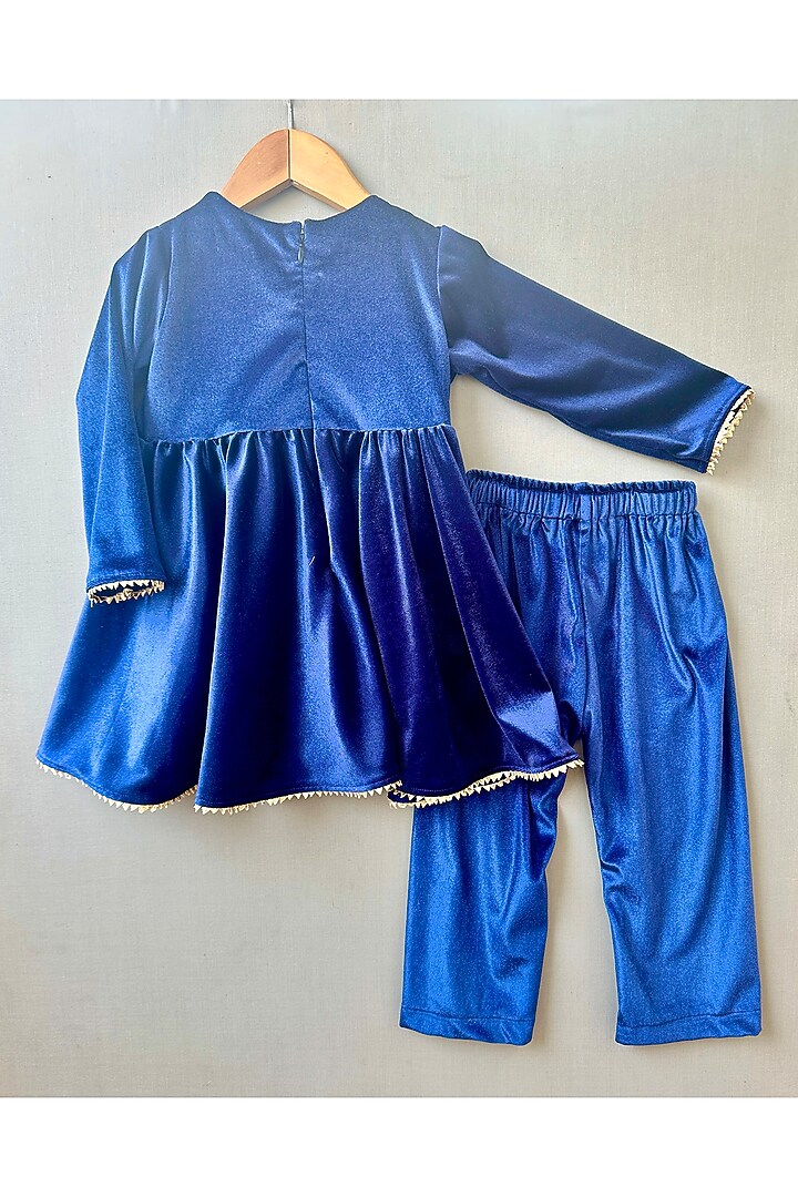 Navy Blue Velvet Applique Embroidered Kurta Set For Girls by Label Neeti at Pernia's Pop Up Shop