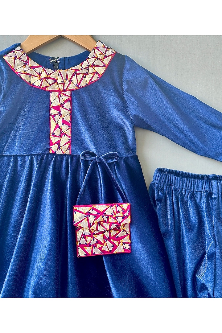 Navy Blue Velvet Applique Embroidered Kurta Set For Girls by Label Neeti at Pernia's Pop Up Shop
