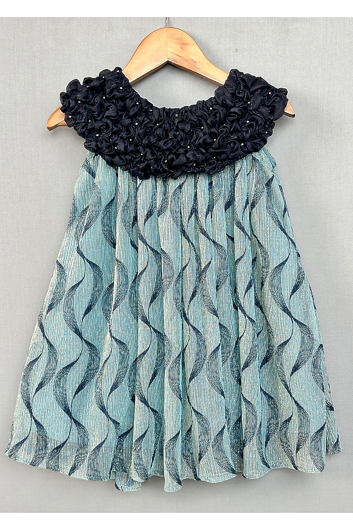 Teal Lycra Hand Embellished Ruched Pleated Dress For Girls by Label Neeti at Pernia's Pop Up Shop