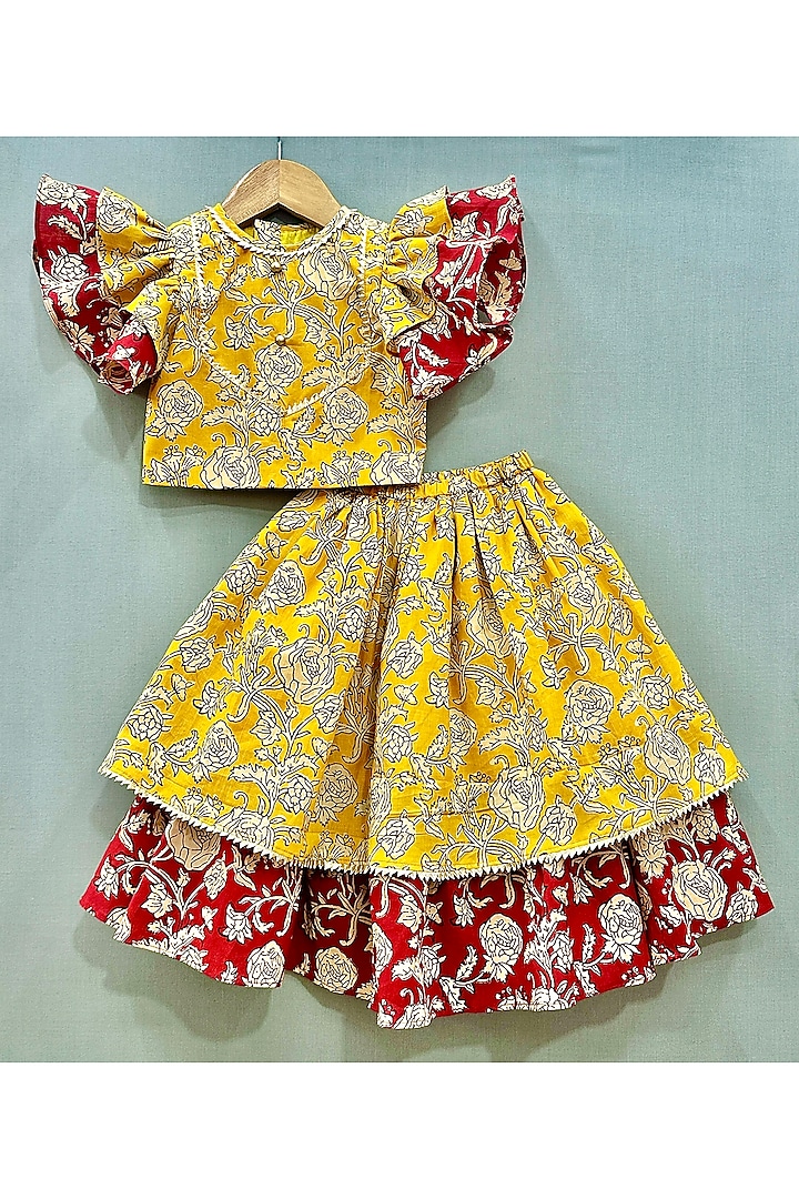 Yellow Pure Cotton Hand Block Printed Lehenga Set For Girls by Label Neeti at Pernia's Pop Up Shop