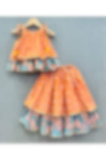 Orange Cotton Printed Flared Lehenga Set For Girls by Label Neeti at Pernia's Pop Up Shop