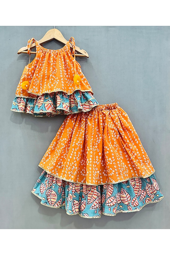 Orange Cotton Printed Flared Lehenga Set For Girls by Label Neeti at Pernia's Pop Up Shop