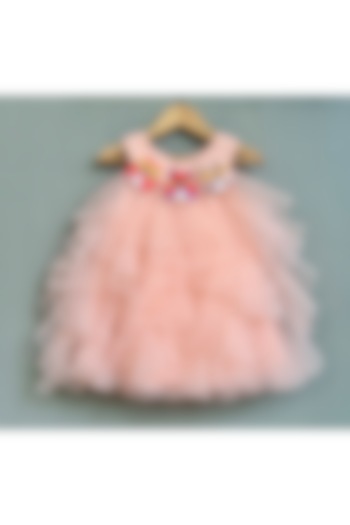 Peach Net Embroidered Ruffled Dress For Girls by Label Neeti at Pernia's Pop Up Shop