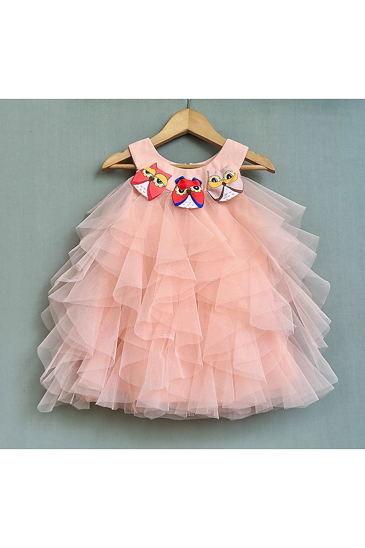 Peach Net Embroidered Ruffled Dress For Girls by Label Neeti at Pernia's Pop Up Shop