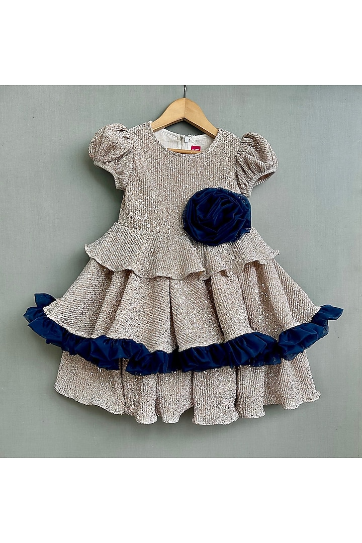 Silver Lycra Floral Embroidered Dress For Girls by Label Neeti at Pernia's Pop Up Shop