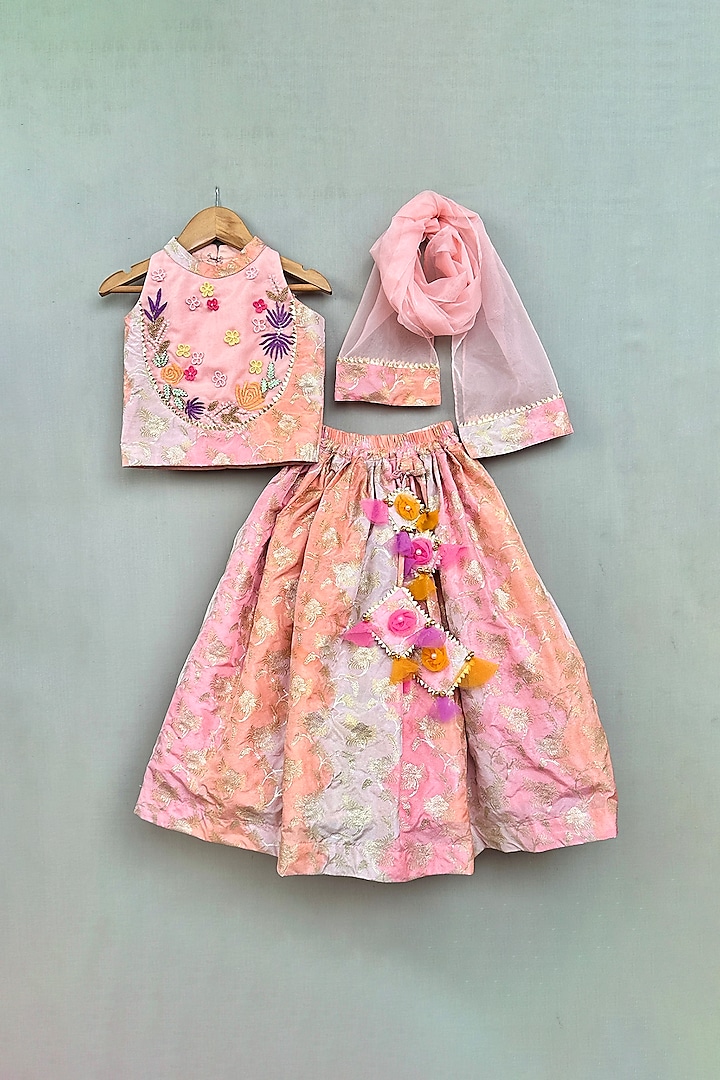 Pastel Pink Chanderi Brocade Floral Embroidered Lehenga Set For Girls by Label Neeti at Pernia's Pop Up Shop