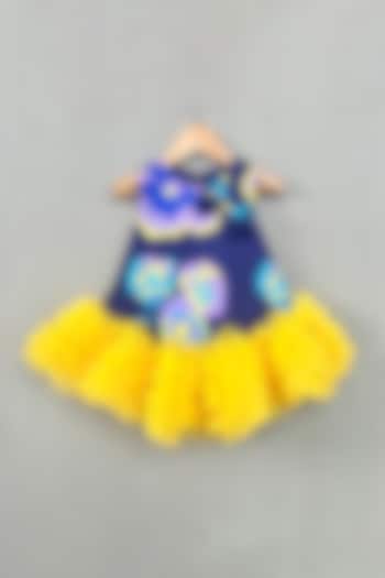 Navy Blue & Yellow Satin Floral Printed Ruffle Dress For Girls by Label Neeti at Pernia's Pop Up Shop