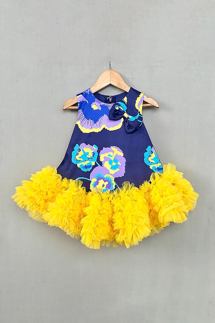 Navy Blue & Yellow Satin Floral Printed Ruffle Dress For Girls by Label Neeti at Pernia's Pop Up Shop