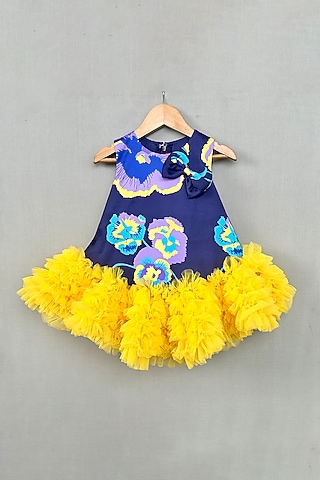 Navy Blue & Yellow Satin Floral Printed Ruffle Dress For Girls by Label Neeti