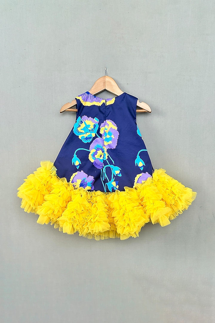 Navy Blue & Yellow Satin Floral Printed Ruffle Dress For Girls by Label Neeti at Pernia's Pop Up Shop