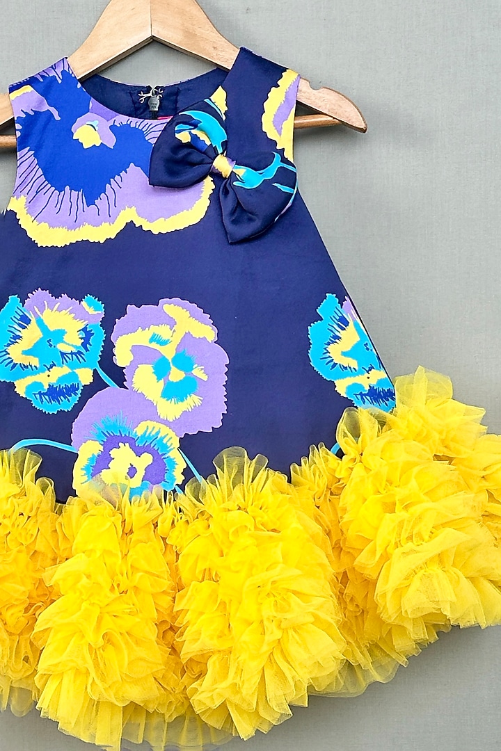 Navy Blue & Yellow Satin Floral Printed Ruffle Dress For Girls by Label Neeti at Pernia's Pop Up Shop