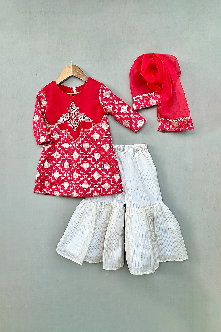 White Chanderi Kantha Embroidered Sharara Set For Girls by Label Neeti at Pernia's Pop Up Shop