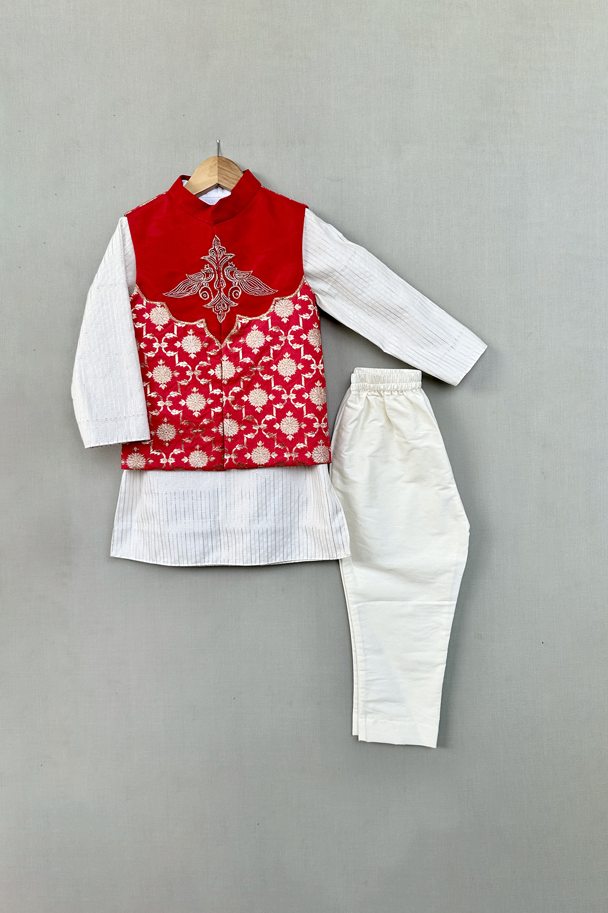 Red Chanderi Brocade Kantha Embroidered Nehru Jacket Set For Boys by Label Neeti