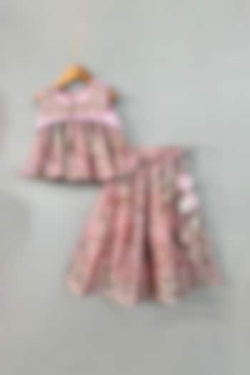 Blush Pink Chanderi Zari Floral Printed Flared Lehenga Set For Girls by Label Neeti at Pernia's Pop Up Shop