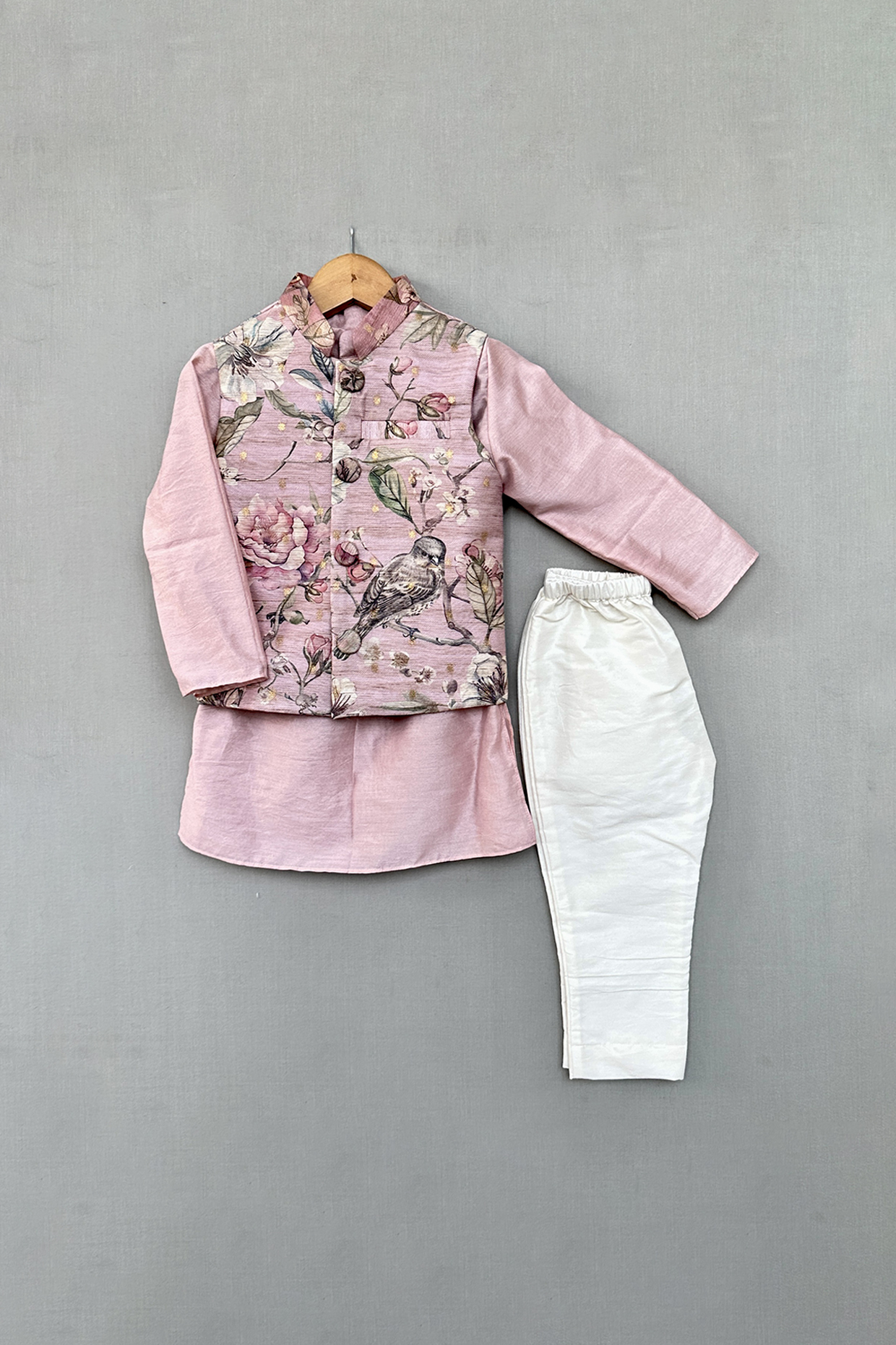 Pastel Pink Chanderi Zari Floral Printed Nehru Jacket Set For Boys by Label Neeti