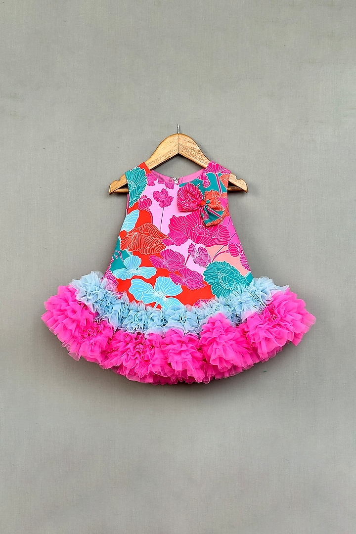 Multi-Colored Muslin & Net Satin Floral Printed A-line Dress For Girls by Label Neeti at Pernia's Pop Up Shop