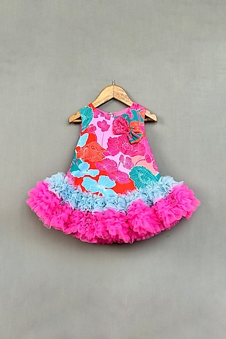 Multi-Colored Muslin & Net Satin Floral Printed A-line Dress For Girls by Label Neeti