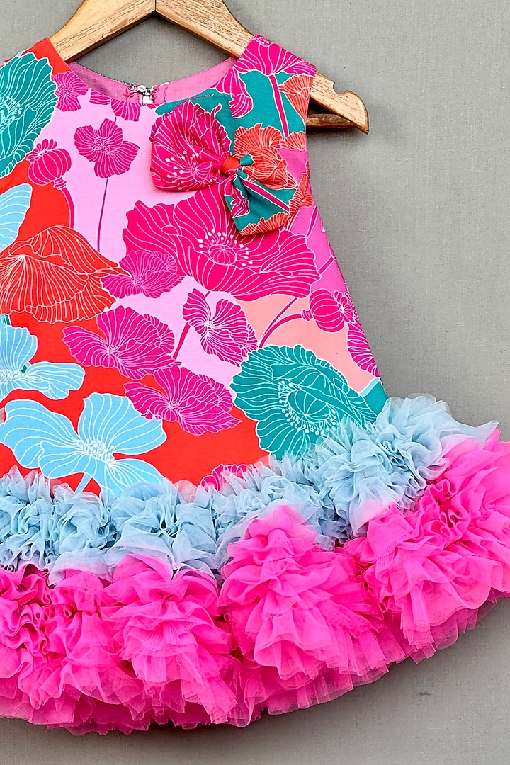 Multi-Colored Muslin & Net Satin Floral Printed A-line Dress For Girls by Label Neeti at Pernia's Pop Up Shop